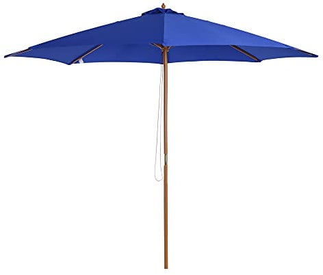 Outsunny Sonnenschirm Ø 300 cm, Sonnenschirm mit UV Schutz Balkonschirm aus Holz Strandschirm stabil Marktschirm Sonnenschutz für Strand Terrasse Garten, Blau