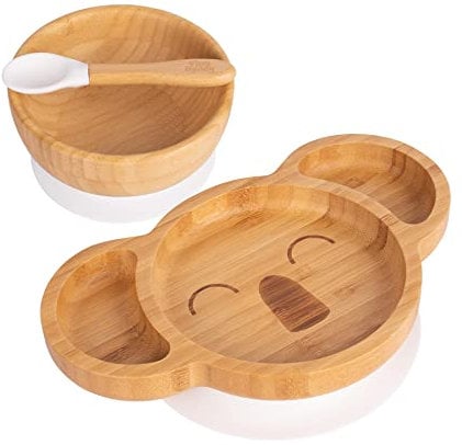 Tiny Dining Baby Dinner Set - Koala - White - 3pc - Divided Non-Slip Bamboo Self-Feeding Weaning Plate, Bowl & Spoon for Babies, Toddlers, Children