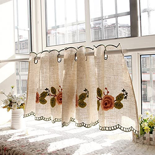 Lsimeru Scheibengardine Vintage Shabby Chic Kurz Stickerei Rose Muster Halbtransparent Landhaus Küchenvorhänge Fenster Kurzstore Baumwolle Romantisch Rustikal Kurzgardinen 1 Stück,235x42cm