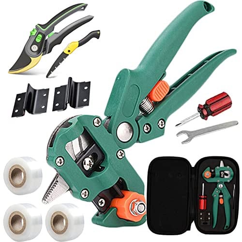 Obstbäume Pfropfschere, Garten Pfropfschere Schere Veredelungsschere Ratschenschere Set mit 3xSK5 Klinge Ersatzmesser Pfropfband für Pflanz Obstbaum Pfropfen, Grün,Style2