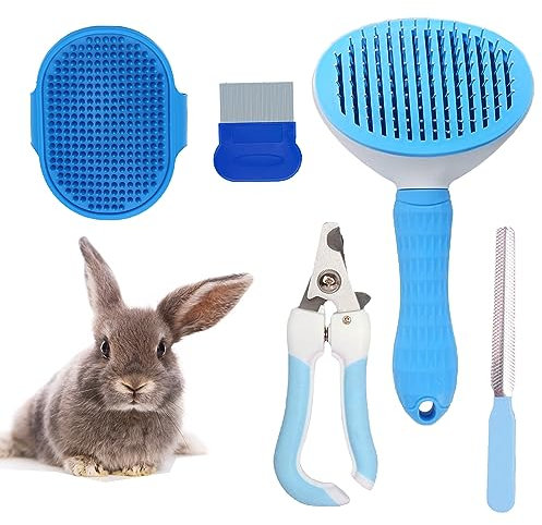 DXary Rabbit Care Set, Rabbit Brush for Small Animals, Bunny Brush, Bath Comb, Nail Clippers for Rabbits, Guinea Pigs, Puppies, Cat, Kittens, Hamster Care Brushes Kit (Blue)