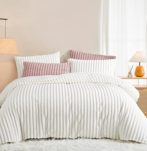 Lanqinglv Plüsch Bettwäsche 135x200 4 Teilig Weiß Flauschig Langhaar Kunstfell Streifen Winterbettwäsche Warm Flanell Fleece Cashmere Touch 2 Bettbezug mit Reißverschluss und 2 Kissenbezug 80x80cm