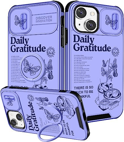 Pegmode (2in1 for iPhone 13 Case/for iPhone 14 Case for Women Cute Girls Phone Cases Aesthetic Kawaii Purple Butterfly Design with Camera Cover+Ring Holder Fashion for Apple 13/Apple 14 Cover 6.1''