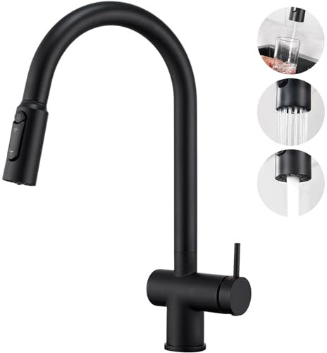 Faustina 3 Wege Spiralfeder Küchenarmatur, Trinkwasserhahn Küche mit Brause ausziehbar, Wasserhahn Armatur Küche, 2 in 1 Mischbatterie Spültischarmatur Küche für Wasserfilter, Edstahl schwarz