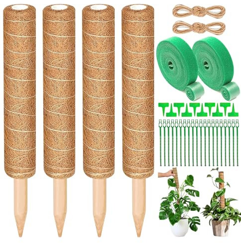 ZZQVIP Fibra de Coco, 4 PCS 40 CM Tutores para Plantas Trepadoras, Tutor Monstera con Correa de Velcro, Brida para Cables y Cordel, Soporte para Plantas - Ampliable y Extraíble