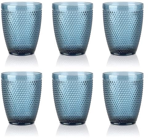 Joeyan 300ml Blau Trinkgläser Set von 6,Bunt Wassergläser Set mit Relief design, Vintage Gläser Set, Farbig Saftgläser for Zuhause Restaurant Bar,Spülmaschinenfest