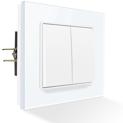 PANGTZEEN Lichtschalter Unterputz mit Kralle 2 Fach 2 Wege Gehärtetem Glas Rahmen 10A 82mm Ein Aus Taste Wand Schalter Weiß Kein-Neutralleiter für Wohnzimmer Schlafzimmer Küche Büro