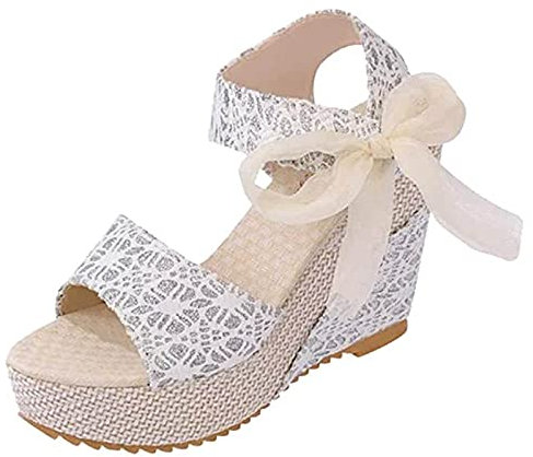 Sandales Compensées Lacet Femme Été Mode Espadrille Chaussure Talons Plateforme Hauts Sandales Bride à La Cheville Bout Ouvert Sandale de Plage Chic Mariage Confort Confortable Chaussons Bohême