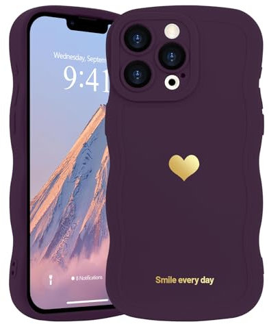 LAPOPNUT for iPhone 13 Pro Case,Cute Curly Wave Frame Love Heart Phone Case for Girls Women,Soft Silicone TPU Bumper Shockproof Camera Protective Cover for iPhone 13 Pro 6.1 inch,Dark Purple