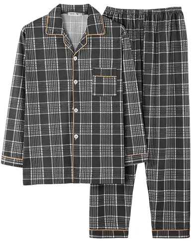 Pyjama Homme Pur Coton Tissé Carreaux Gros Tissu Maison Vêtements Pur Coton Tissé à Carreaux Gros Tissu Homewear Cardigan Manches Longues Peignoir Homme Japonais, Noir , XXXXXL