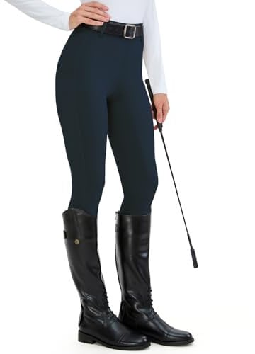 H.MILES Reitleggings Damen Vollbesatz High Waist Elastische Reithose Damen mit Handytasche Gürtelschlaufen Marine Blau M