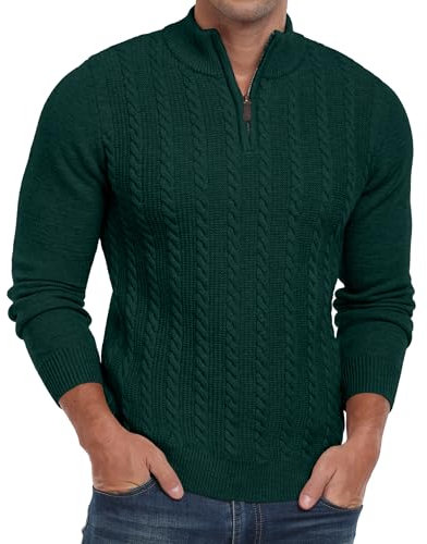 Hisir Mens Quarter Zip Jumper Cable Knit Crew-Neck Sweater Long Sleeve Jumpers Causal Pullover Winter for Men (Dark Green, L)