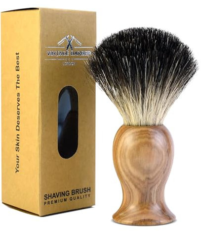 100% Pure Badger Hair Shaving Brush | Handmade Wood Shaving Brush | For All Skin Types | Personal and Professional Hair Salon Tool | Wet Shaving | VINTAGE BARBER LONDON (Olive Wood)