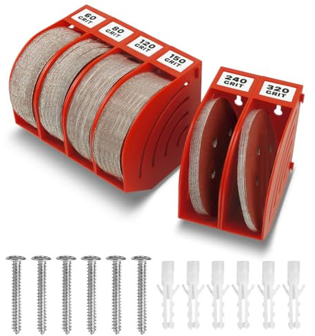 gostle 150 mm Sanding Disc Storage Box, Sandpaper Organizer with 6 Bins – Space-Saving Storage Rack, Offset Snap-On Connection, Grit Classification, Efficient Organization, Red