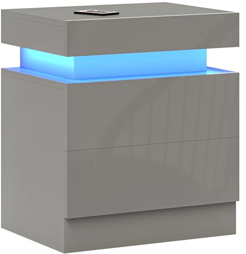 HOMCOM Mesita de Noche con Luces LED Mesilla de Noche con 2 Cajones y Control Remoto Mesa de Noche para Dormitorio Salón 45x35x52 cm Gris
