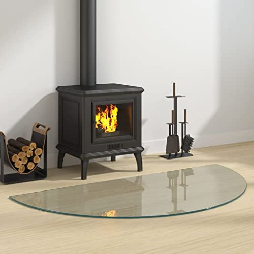 Glasplatte für Kaminofen, Kaminbodenplatte mit Dichtungslippe, Funkenschutzplatte, Tragfähigkeit 250 kg, 120 x 60 x 0.8 cm, Hartglas, Halbrund