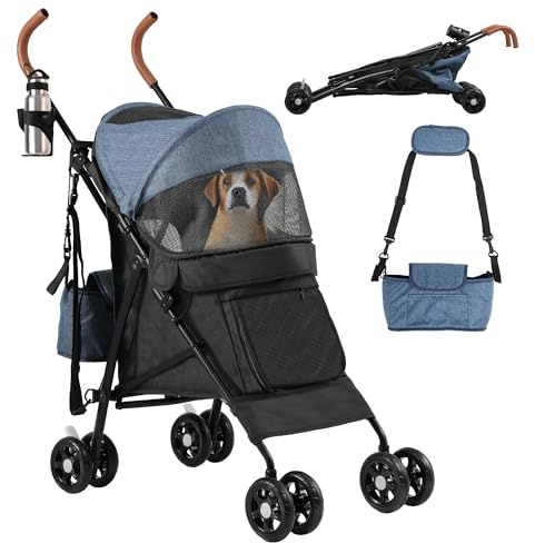 DWVO Hundewagen Hundebuggy für Hunde & Katzen bis 11,3 kg, Faltbar klappbar, Haustiere Buggy mit Kissen, Aufbewahrungskorb, Haustier-Kinderwagen 45x80x103cm, Katzenwagen (Blau Schwarz)