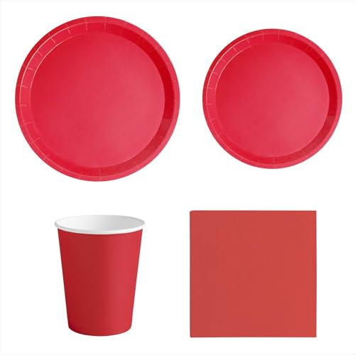 MAXI PRODUCTS - Set Vajilla Desechable Fiesta 20 Personas Rojo - 114 piezas - Vasos Cartón 270 cc + Platos Cartón Ø17 y Ø20,5 cm + Servilletas Papel 25x25 cm - Menaje para Cumpleaños y Eventos
