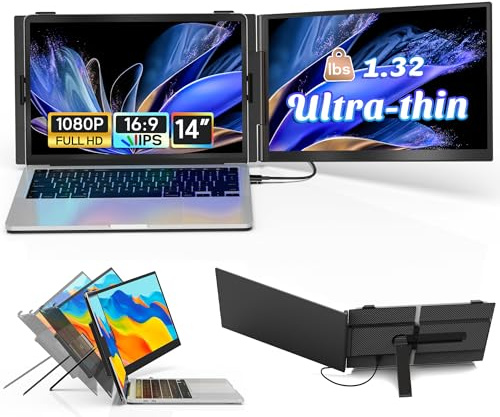 14 Laptop Screen Extender Ultra-Thin, Lightweight Dual Monitor Extender | FHD 1080P Portable Monitor Built-in Speakers, Plug & Play, HDMI/USB-A/Type-C, Works with WINS/Mac/Android