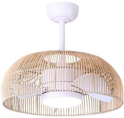 Ventilador de Techo con Luz MALI – Motor DC 2.0, Palas ABS, Luz LED 18W Regulable, IP44 para Interior y Exterior, Rattán Natural, Temporizador, Modo Invierno Verano, Silencioso, Blanco Mate – Ø52cm