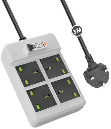 RCD Extension Lead with RCBO Breaker, SAFEMORE Heavy Duty Power Strip with 30mA RCD Protection, 4 Gang Socket 3M Extension Cord for Pool Pump/Garden/Garage Use, White