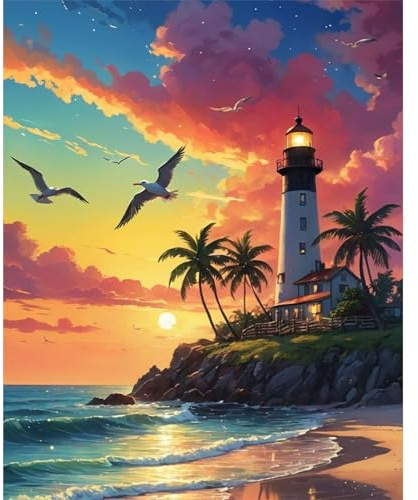 Paint by Numbers for Adults - Lighthouse Sunset DIY Canvas Kit, 16x20 Inch | Acrylic Paint Canvas Set, Easy for Beginners, Relaxing DIY Art Craft Gift for Adults, Home Wall Decor, Without Frame