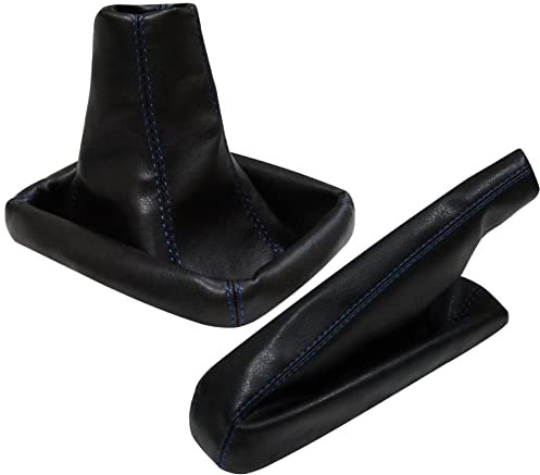AERZETIX - Satz Schaltsack + Handbremssack - Kunstleder - Farbe Schwarz Leder - Blau Nähten - für Auto