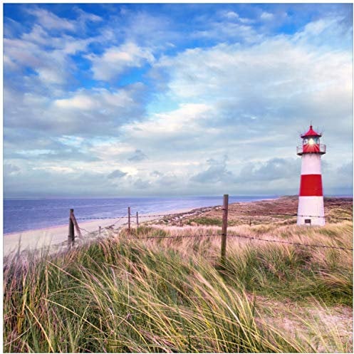 Wallario Glasbild Leuchtturm am Strand von Sylt - 50 x 50 cm Wandbilder Glas in Premium-Qualität: Brillante Farben, freischwebende Optik