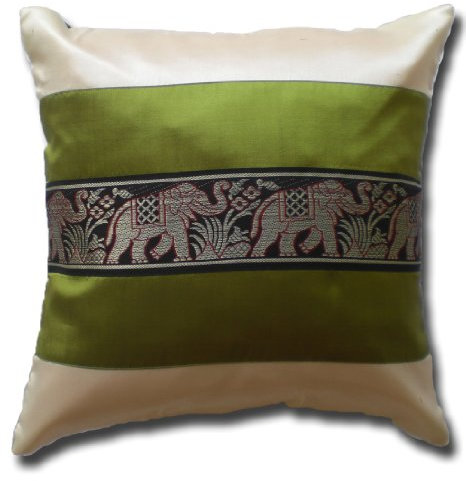 stickersquare Elefanten Elefant cremeweiss - grün Kissenbezug Kissenhülle Kissen 41,5 cm x 41,5 cm Thai Silk Sofa Couch