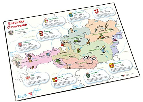 Läufer 45345 Landkarten-Schreibtischunterlage Entdecke Österreich, rutschfeste Schreibunterlage mit Landkarte für Kinder Österreich, 40x53 cm