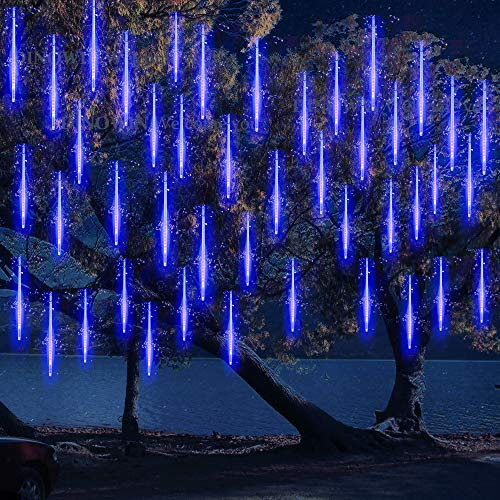 DINOWIN LED Meteor Regen Lichter Außen lichterkett, Solar wasserdichte Lichterketten 30cm 10 Tube 360LEDs, kaskadierende Lichter für Feiertags-Party-Hochzeits-Weihnachtsbaum-Patio-Dekoration (Blau)