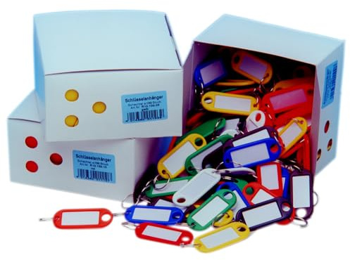 Dönges Schlüsselanhänger mit Loch und S-Haken, Farbe gemischt sortiert (Schlüsseletikett Anhänger), aus Weichplastik, mit Beschriftungsstreifen und Klarsichtabdeckung (Pack à 100 Stück)