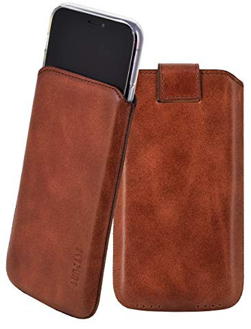Suncase ECHT Leder Tasche kompatibel mit iPhone 11 (6.1) mit ZUSÄTZLICHER Transparent Hülle | Schale | Silikon Bumper Handytasche (mit Rückzugsfunktion und Magnetverschluss) in Mocca braun