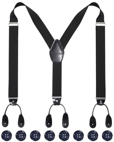 Kajeer Mens Adjustable Button End Suspenders - Y-Back Elastic Tuxedo Suspenders with Heavy Duty Leather Buttons End (Black)