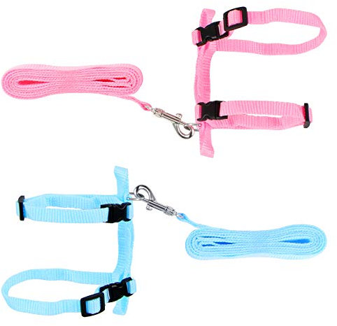 Yangfei 2 Stück Geschirr für Kaninchen, Kaninchenleine, verstellbares Geschirr für Haustiere, Leine für Kleintiere, verstellbares Kaninchengeschirr (Rosa und Blau)