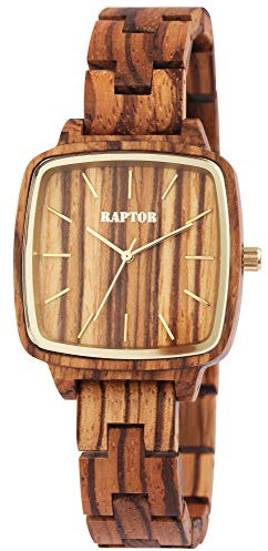 Raptor Damen-Uhr Holz eckig Natur Faltschließe Datum Analog Quarz RA10213 (Zebraholz)