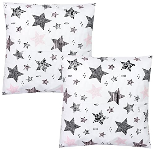 TupTam Kinder Kissenbezug Dekorativ Gemustert mit Hotelverschluss 2er Set, Farbe: Sterne Rosa/Schwarz, Größe: 40 x 40 cm
