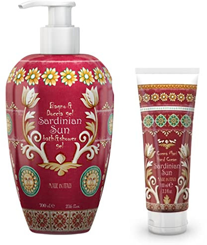 Le Majoliche – Sardinian Sun – Bad und Dusche Schaum 700 ml + Handcreme 100 ml – Made in Italy – Noten von Bergamotte, Magnolie, Oleander, Zitrone + 2 funktionelle Kräutertees Viropa