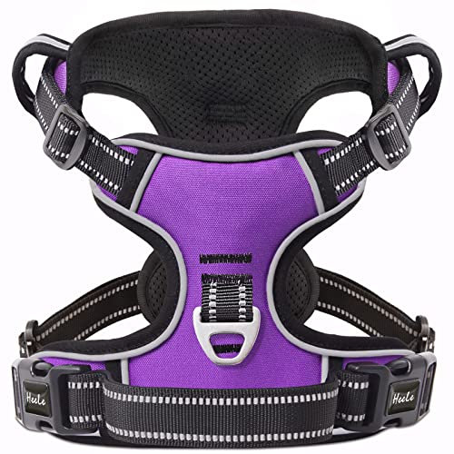 HEELE Hundegeschirr, Zugentlastung, reflektierend, mit gepolstertem Griff, Kontrolle, 2 Metallringe, Geschirr für kleine mittelgroße und große Hunde, Violett, L