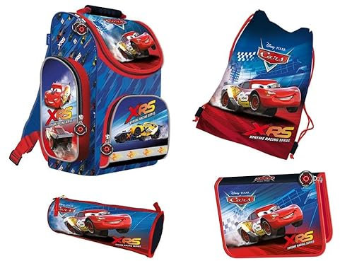 Fun Un Cars Schulranzen SET 5 teilig - mit Turnbeutel, Schlampermäppchen, Schüleretui und Regenschutz, Blau, 36 x 28 x 19
