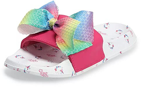 JoJo Siwa Mädchen Sandalen mit offener Zehenpartie und charakteristischer Schleife (kleines Kind/großes Kind), Pink/Weiß Einhorn, 4-5