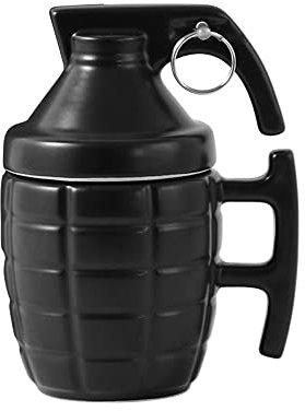 Hosoncovy Ceramic Grenade Shaped Coffee Mug with Lid Funny Grenade Milk Tea Coffee Cup with Lid Hilarious Mug Gift Cool Coffee Cup Gift (Black)