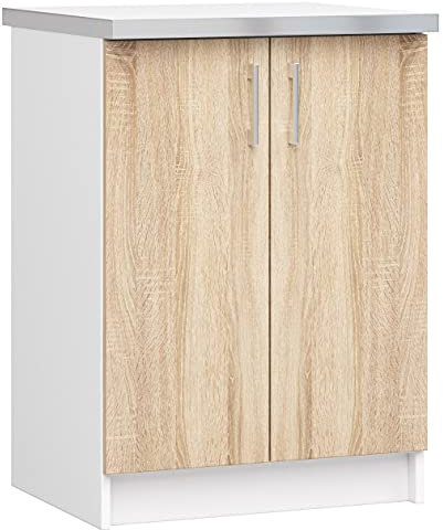 AKORD Móvil de Cocina Lima | Modular con encimera de Cocina 60x44,5x82 cm | Funcional | Resistente | Diseño Moderno | para cocinas Grandes y pequeñas | Fácil de Limpiar | Blanco | Roble Sonoma