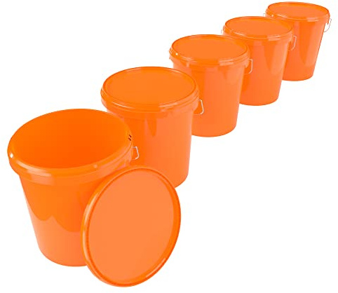 5X Eimer mit Deckel 16 Liter Orange - lebensmittelecht luftdicht und stabil, Leer Eimer mit Griff und Verschluss Deckel für Lebensmittel Chemie Wand Farbe Waschpulver Klebstoffe geeignet