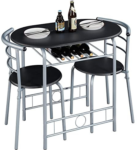 Yaheetech 3 Piece Dining Room Set, Modern Round Dining Table & Chairs Set for 2, Compact Breakfast Bar Table Set with Metal Legs and Shelf, Built-in Wine Rack for Dining Room, Living Room, Black