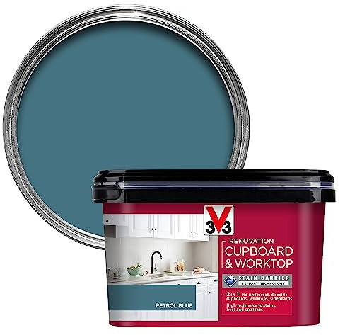 V33 Renovation Cupboard & Worktop Paint - No Undercoat Needed - High Resistance To Water Stains & Scratches - Ultra Washable - Petrol Blue 2L