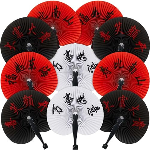 Jetec 10 Pcs Chinese New Year Fans Chinese Character Folding Oriental Handheld Paper Japanese Round Fan for Wedding Birthday Party Supply Decoration