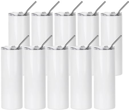 PYD Life 10 Pack Sublimation Tumblers Bulk Blank 20 OZ Skinny White Stainless Steel Tumbler Cups with Straw and Lid for Mug Tumbler Heat Press Sublimation Oven Printing