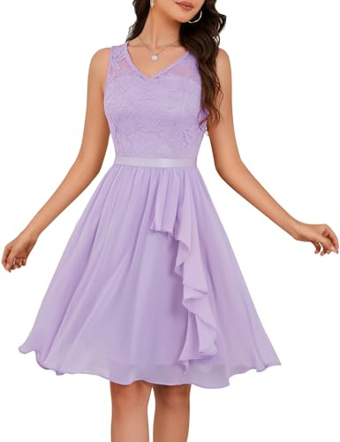 Meetjen Damen Abendkleid Elegant Cocktailkleid Kurz Brautjunferkleid Chiffon Spitzen Kleid für Hochzeit Party Lavendel 2XL
