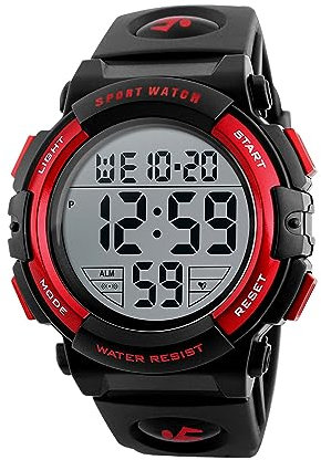 LIFEJXWEN Reloj Deportivo Digital para Hombre, 50M Resistente al Agua Reloj Deportivo para Hombre, con RetroiluminacióN LED y Alarma, CronóMetro,12/24H (Rojo)